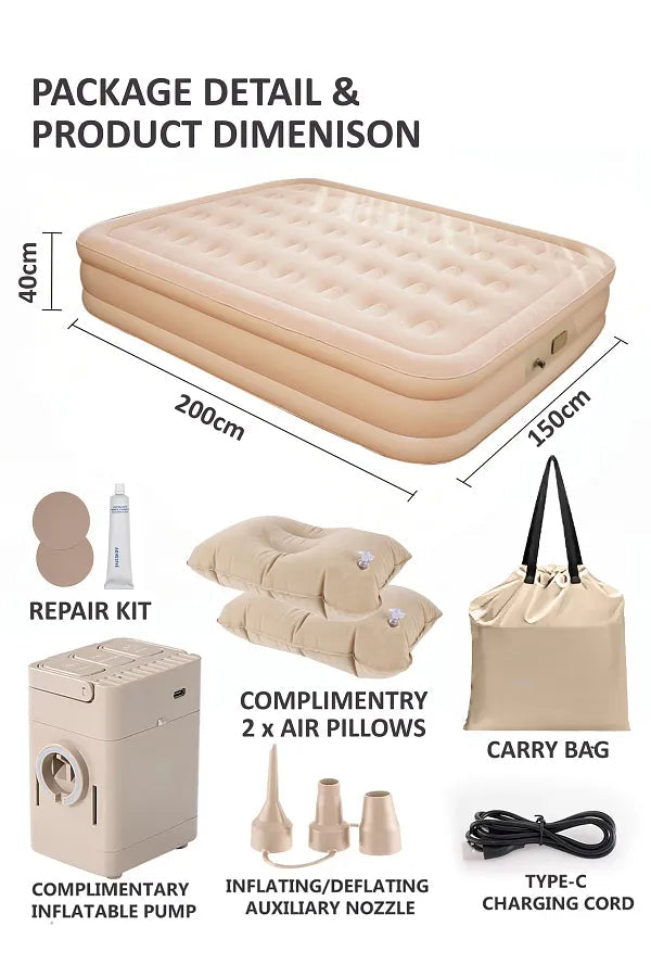 Premium Double Air Mattress with Built-In Pump – Self-Inflating Inflatable Bed for Camping, Indoor & Outdoor Comfort